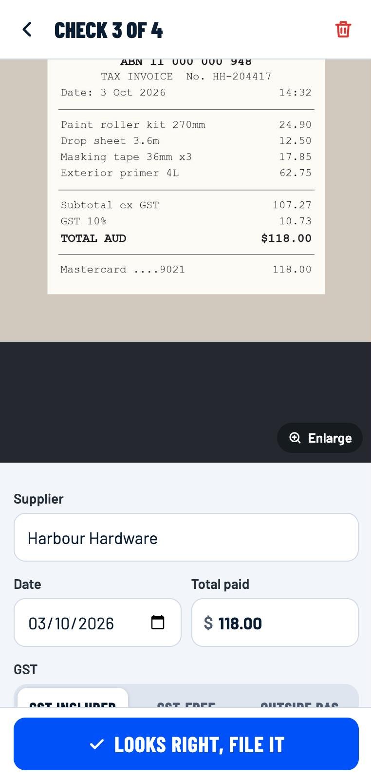 The check screen: the receipt photo above the fields the AI filled in